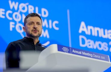 Ukrainian President Volodymyr Zelenskyy speaks at the Annual Meeting of World Economic Forum in Davos, Switzerland, Tuesday, Jan. 21, 2025. (AP Photo/Markus Schreiber)