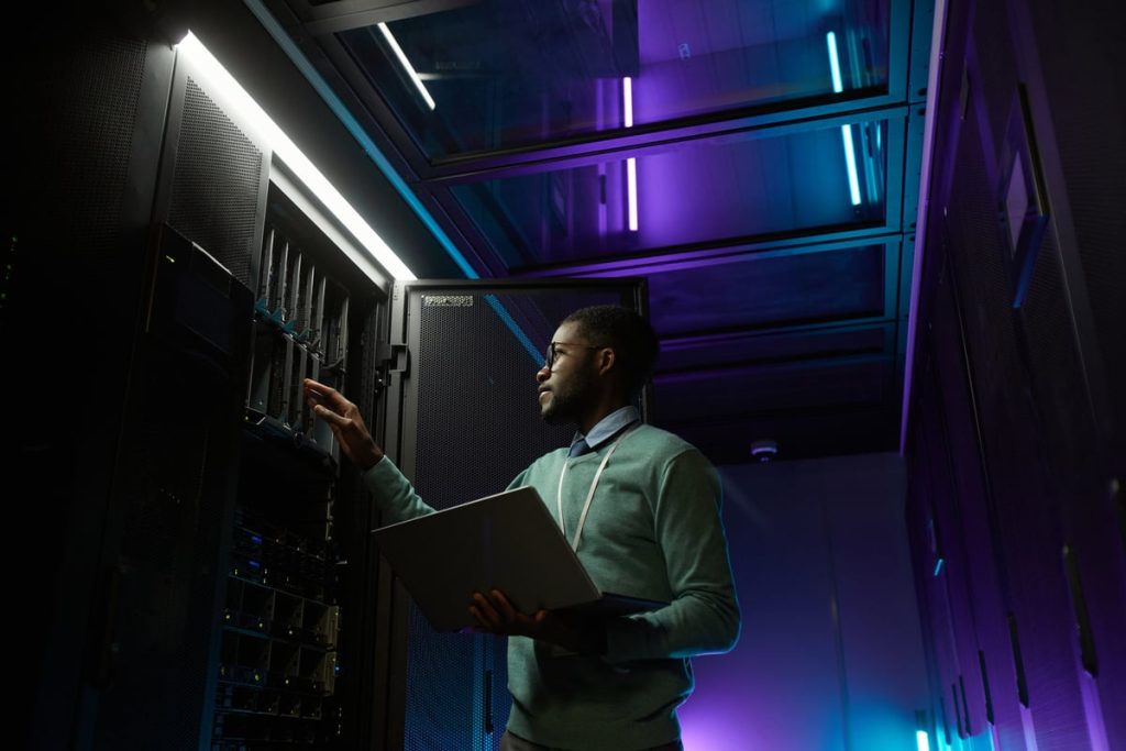 Engineer working in a data center.