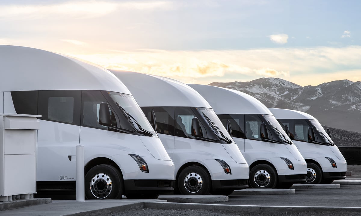 Tesla Semi trucks in a row.