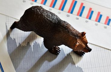 A bear walks across stock price charts.